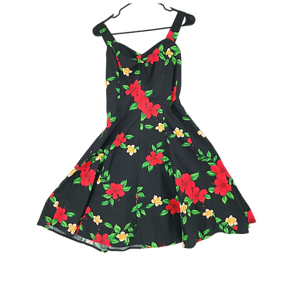 Vtg Paradise Bay Hawaiian Dress L Tropical Black Red Floral Hibiscus Pinup USA
